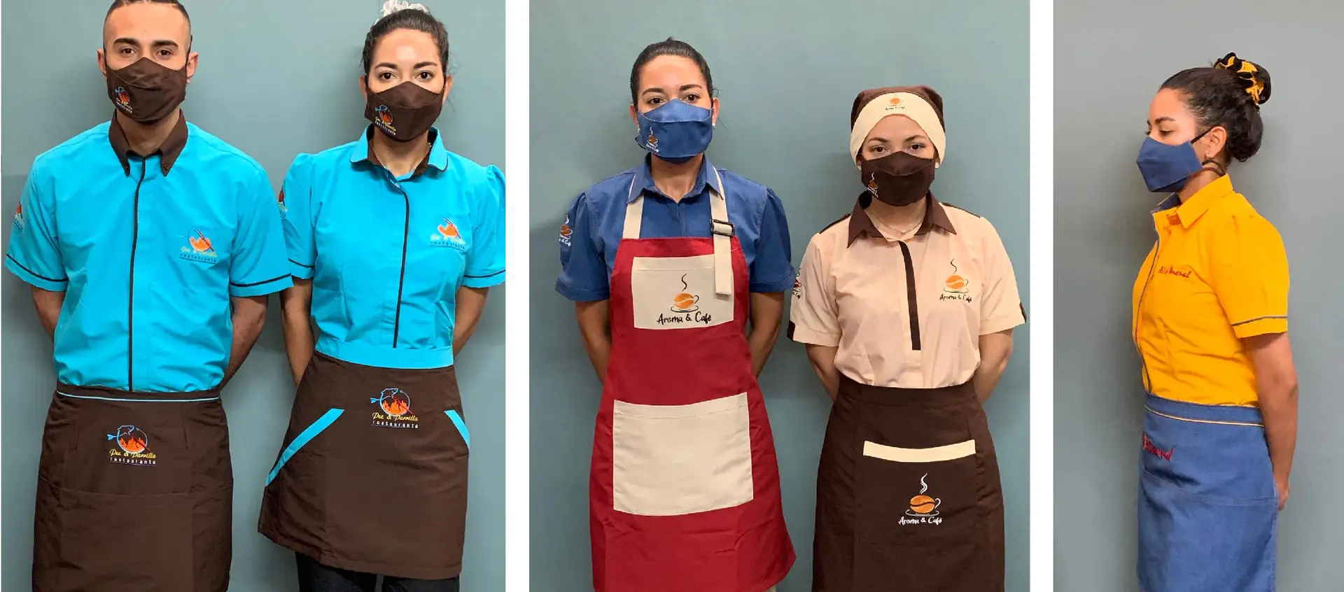 Uniformes de atención y delantales del portafolio de Qreatica, con camisas de distintos colores y logos personalizados