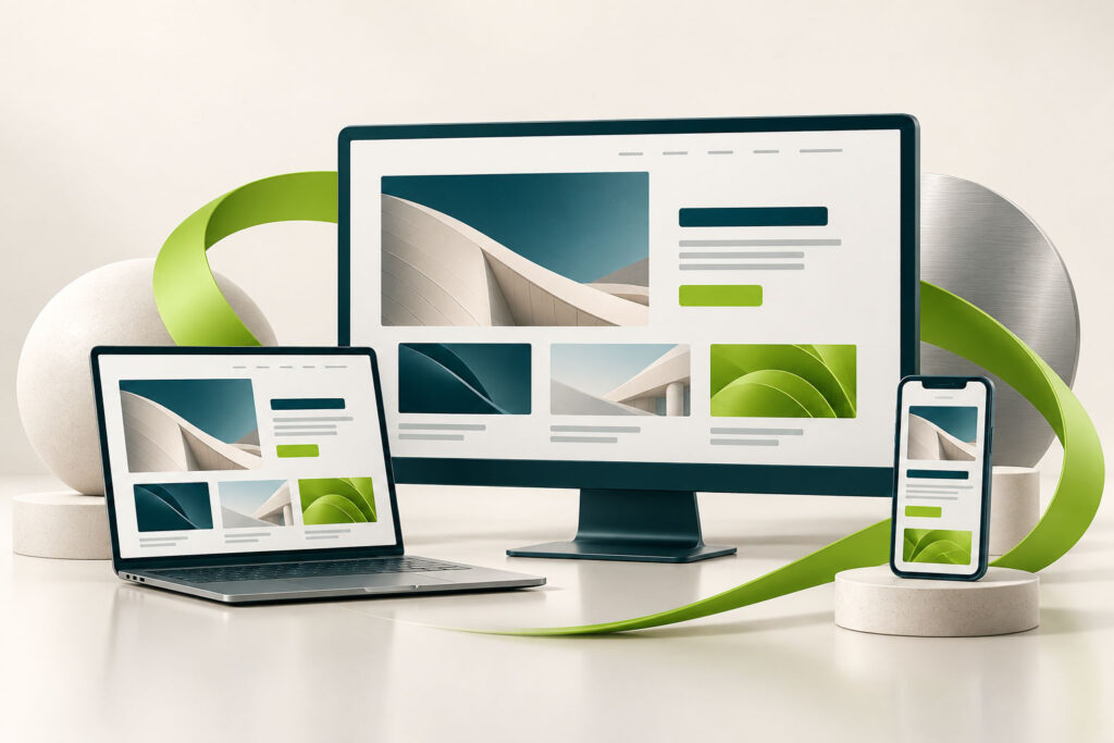 Ilustración de un sitio web adaptable en computador, portátil y teléfono