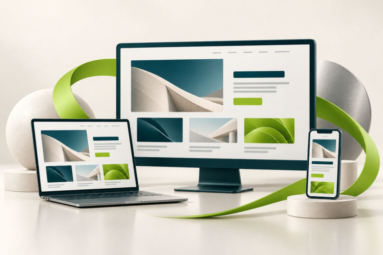 Ilustración de un sitio web adaptable en computador, portátil y teléfono