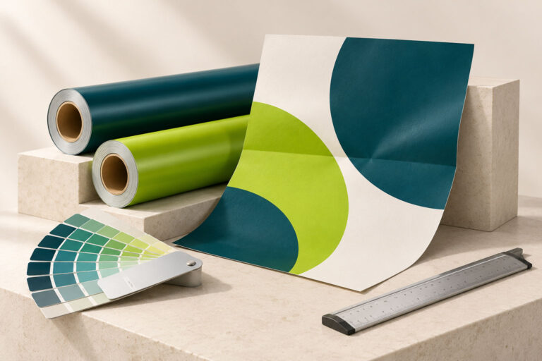 Ilustración de rollos de vinilo, una pieza impresa y muestras de color para producción gráfica