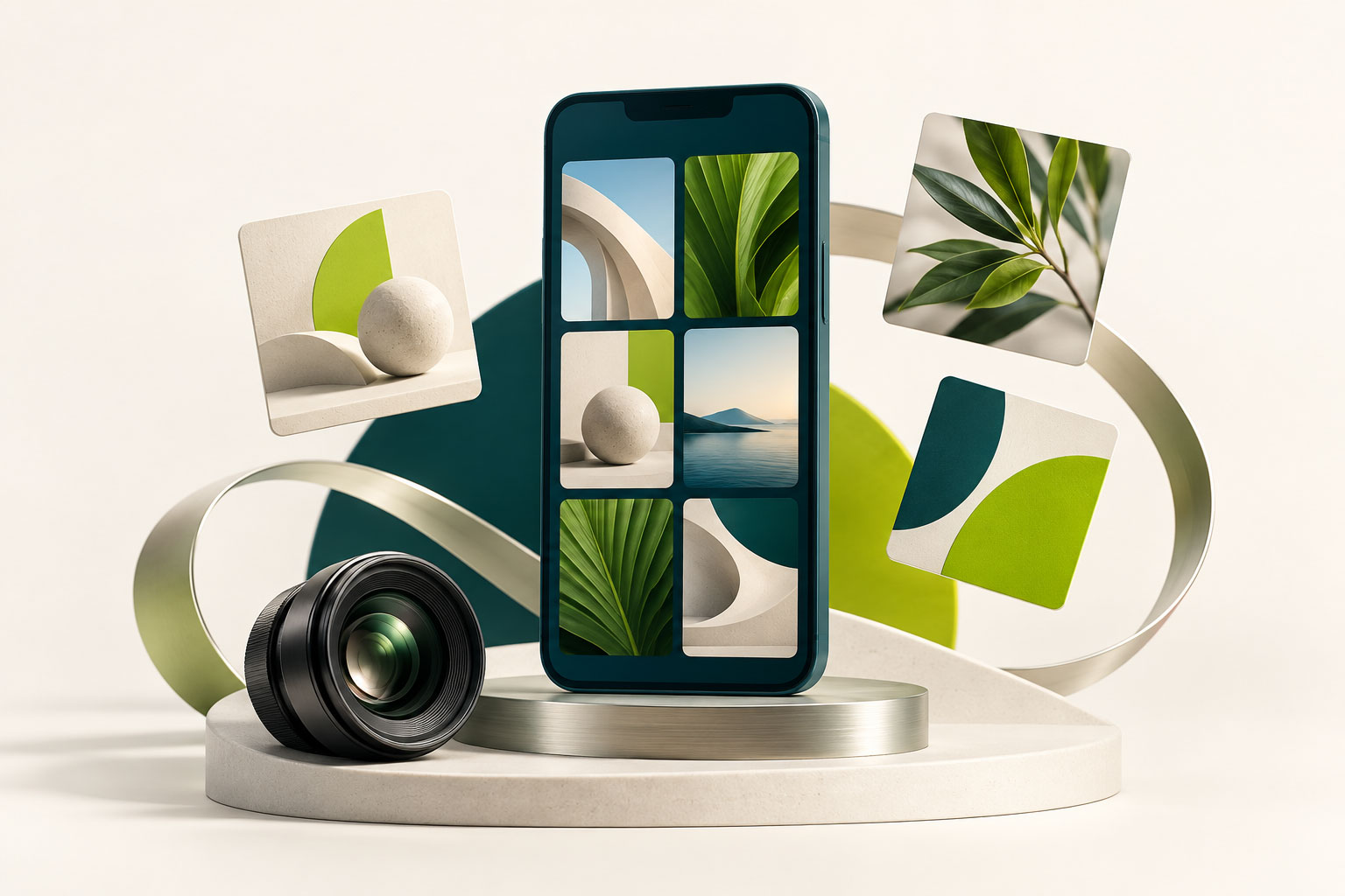 Ilustración de un teléfono con contenido visual y piezas para redes sociales